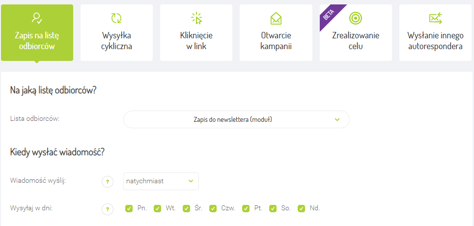 Ustawienia wiadomości w ramach autorespondera Ustawienia wiadomości w ramach autorespondera