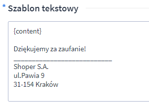 Przykład treści w szablonie tekstowym dla stopki wiadomości e-mail (dane firmy) Przykład treści w szablonie tekstowym dla stopki wiadomości e-mail (dane firmy)