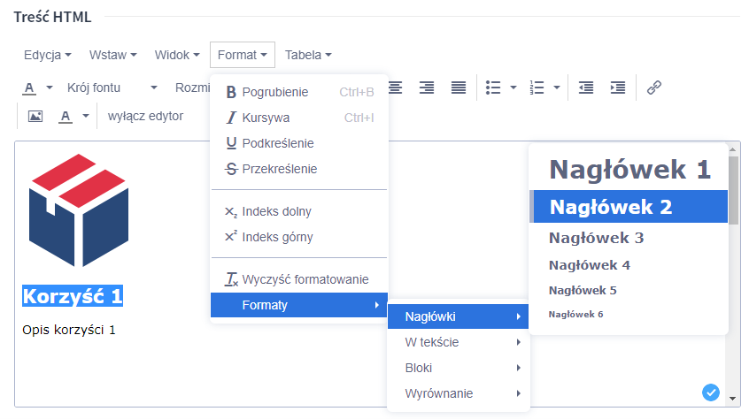 Jak dodać nagłówek H w edytorze tekstu sklepu Shoper?