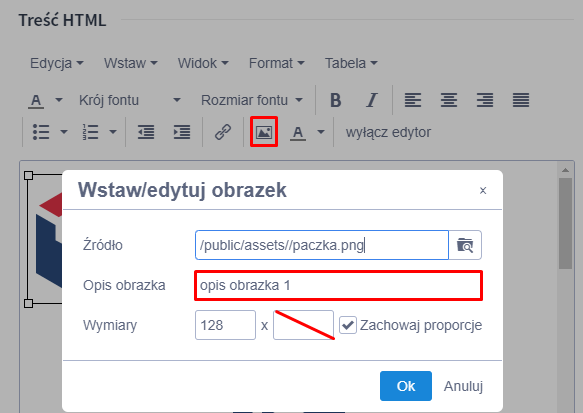 Przykład uzupełnienia opisu obrazka oraz usunięcie parametru jego szerokości