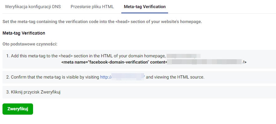 Skopiuj z okna kod tagu weryfikacyjnego