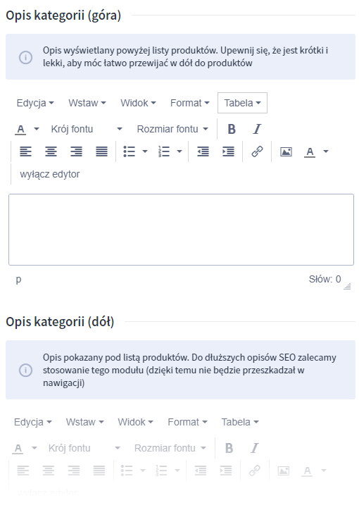 Przykład formularza edycji opisów kategorii produktów w Shoper Formularz edycji opisu kategorii w sklepie internetowym Shoper