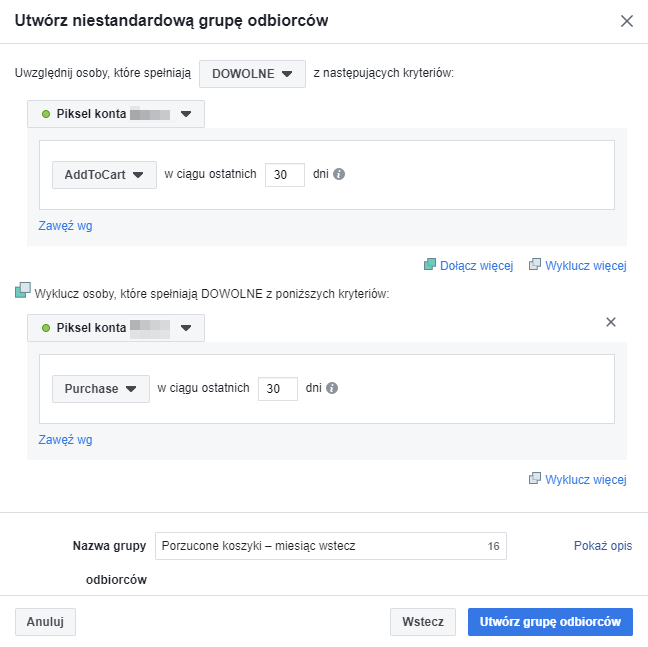 Utwórz grupę odbiorców > Grupa niestandardowych odbiorców > Ruch w witrynie internetowej Utwórz grupę odbiorców > Grupa niestandardowych odbiorców > Ruch w witrynie internetowej
