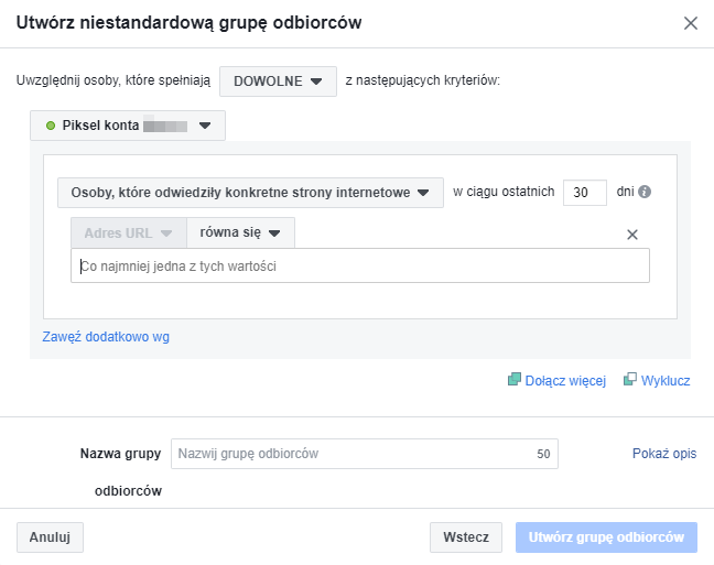 Dodawanie niestandardowej grupy odbiorców (adres URL równa się) Tworzenie niestandardowej grupy odbiorców