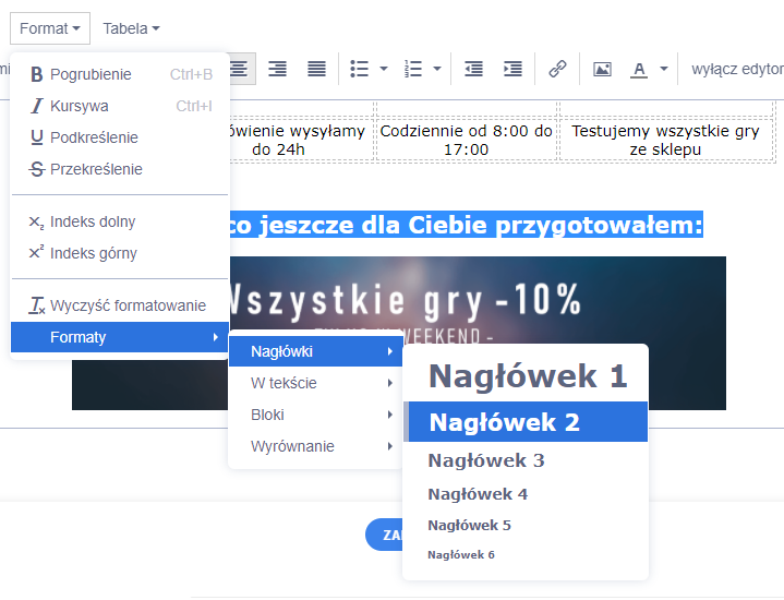 Dodawanie nagłówków (np. H1, H2, itp.) przy użyciu edytora tekstowego w sklepie Shoper Dodawanie nagłówków (np. H1, H2, itp.) przy użyciu edytora tekstowego w sklepie Shoper