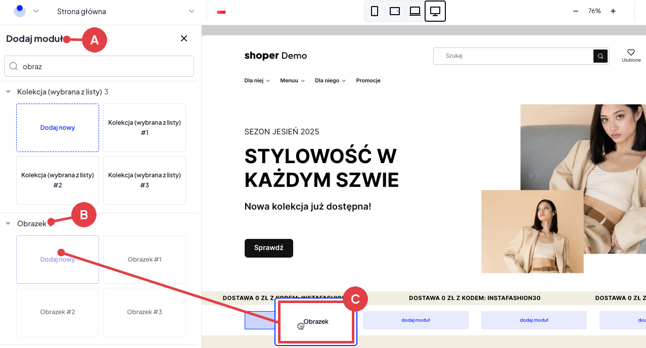 Dodawanie modułów: Obrazek do przygotowanej siatki na kategorie obrazkowe w edytorze szablonu Shoper
