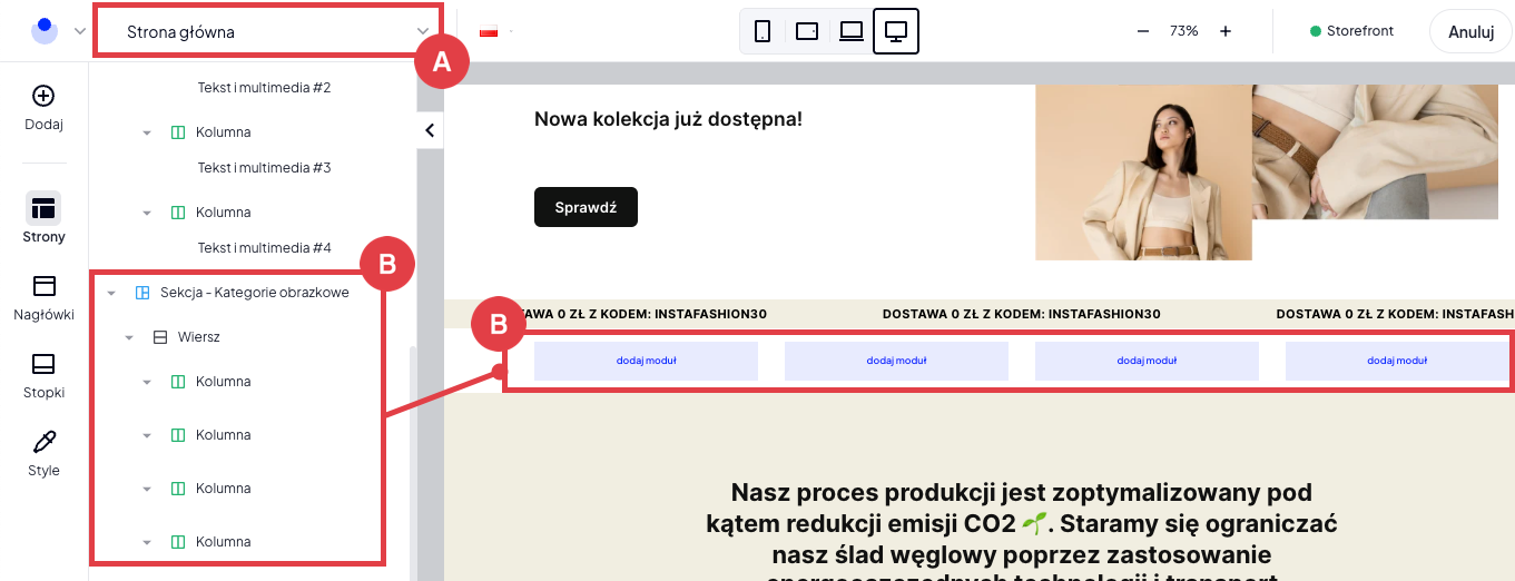 Sekcja przygotowana na kategorie obrazkowe w edytorze szablonu Shoper