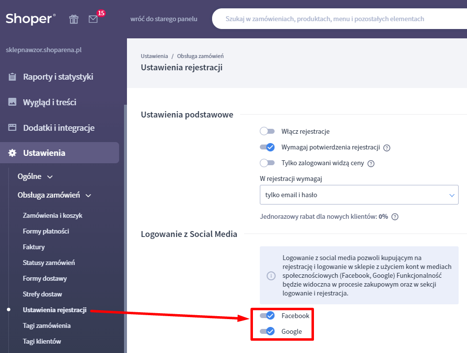 Konfiguracji rejestracji w sklepie Shoper przy użyciu kont social-media Konfiguracji rejestracji w sklepie Shoper przy użyciu kont social-media