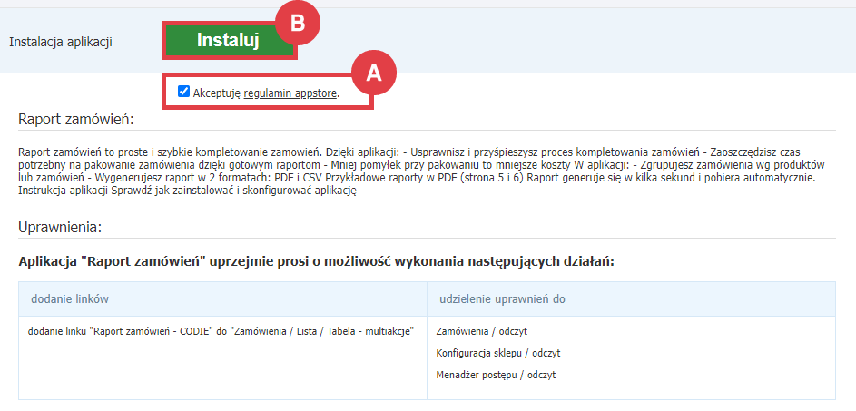 Panel administracyjny sklepu > Dodatki i integracje > Aplikacje > Raport zamówień > Instalacja