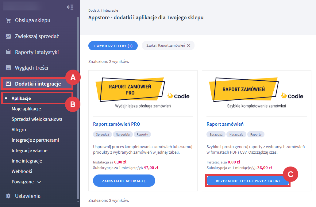 Panel administracyjny sklepu > Dodatki i integracje > Aplikacje > Raport zamówień