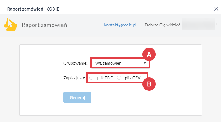 Panel administracyjny sklepu > Obsługa sklepu > Zamówienia > Pozycje > Akcje > Raport zamówień - CODIE > Generowanie raportu