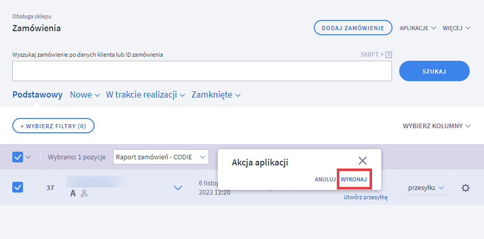 Panel administracyjny sklepu > Obsługa sklepu > Zamówienia > Pozycje > Akcje > Raport zamówień - CODIE > Potwierdzenie