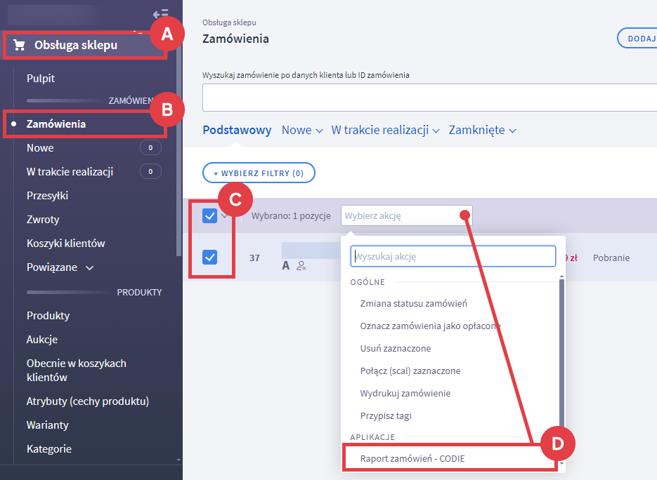 Panel administracyjny sklepu > Obsługa sklepu > Zamówienia > Pozycje > Akcje > Raport zamówień - CODIE