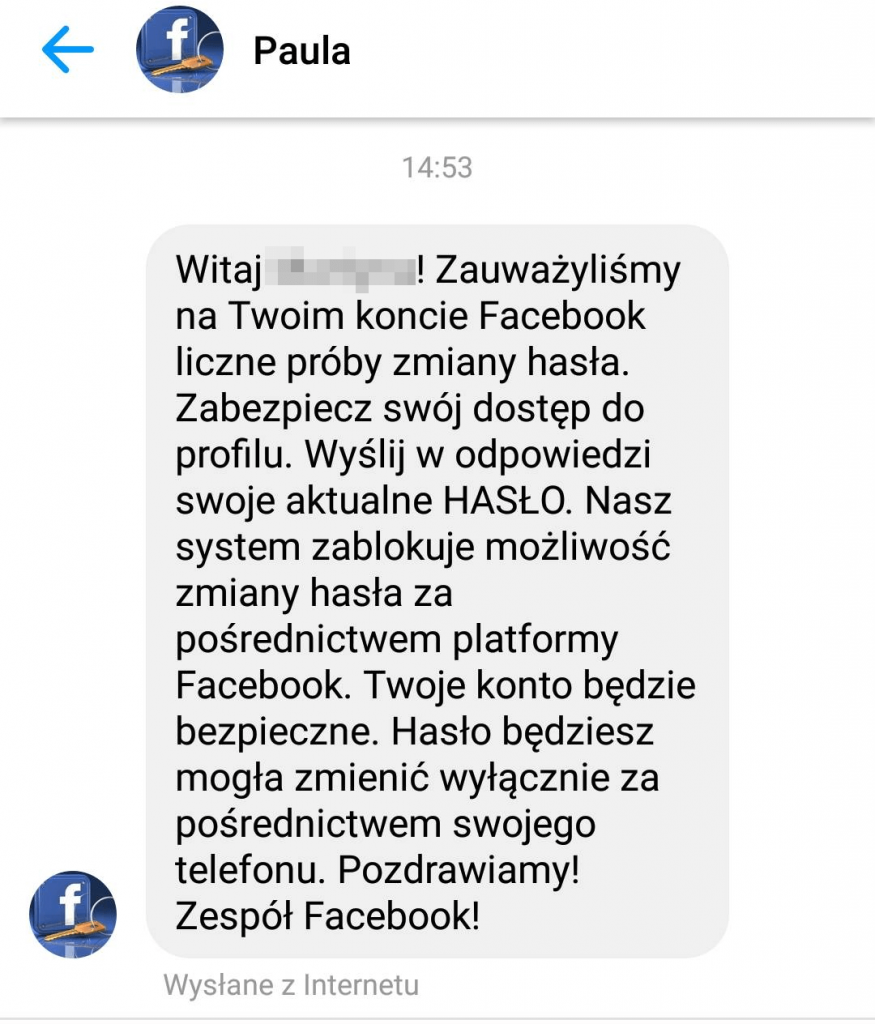 Przykładowa próba wyłudzenia informacji na messengerze Przykładowa próba wyłudzenia informacji na messengerze