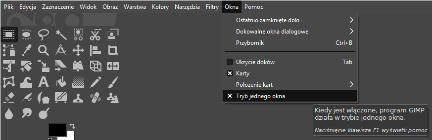 Ustawianie trybu jednego okna w GIMP