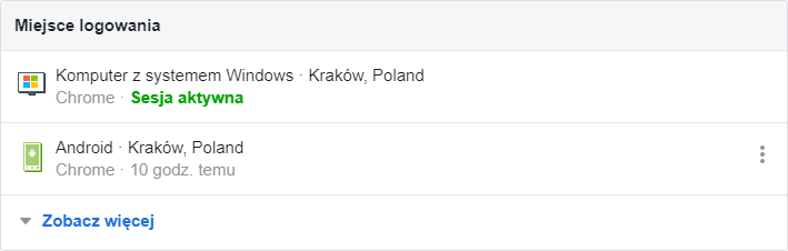 Przykład listy miejsc i urządzeń, z których nastąpiło zalogowanie do Facebook Przykład listy miejsc i urządzeń, z których nastąpiło zalogowanie do Facebook