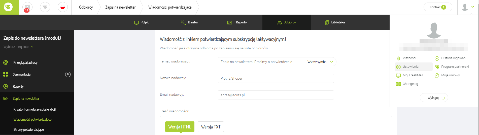 Ustawienia ponownego potwierdzenia zapisu do newslettera Ustawienia ponownego potwierdzenia zapisu do newslettera