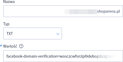 Formularz dodawania nowego rekordu domeny (typ TXT)