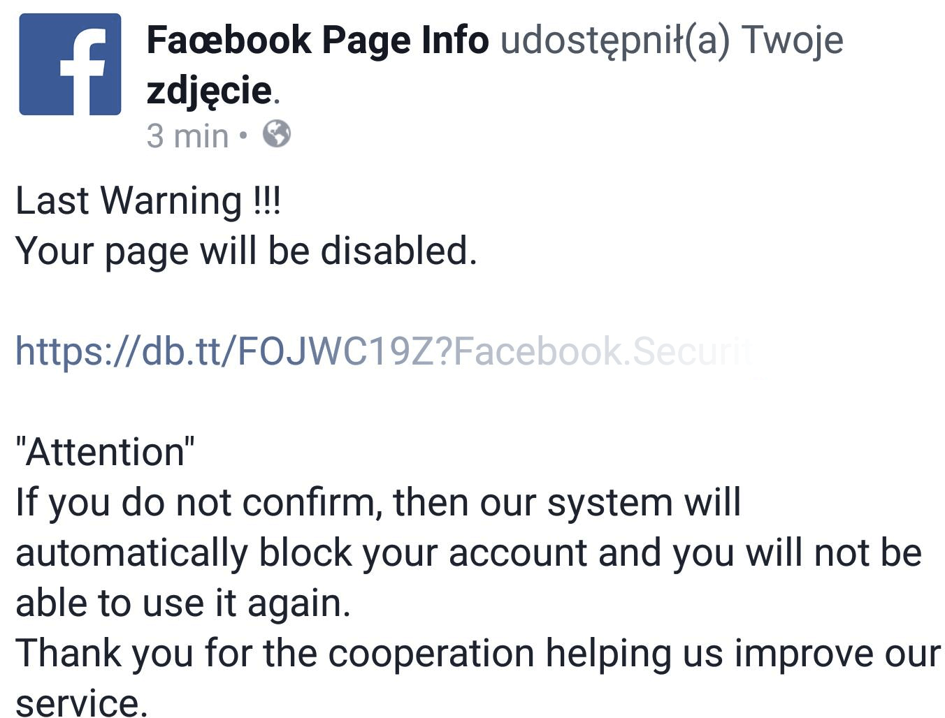 Przykład wyłudzenia danych w formie wpisu opublikowanego na Facebooku Przykład wyłudzenia danych w formie wpisu opublikowanego na Facebooku