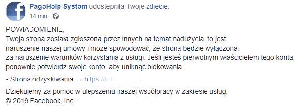 Przykład wyłudzenia danych w formie ostrzeżenia / wpisu opublikowanego na Facebook Przykład wyłudzenia danych w formie ostrzeżenia / wpisu opublikowanego na Facebook