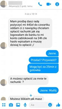 Przykład próby wyłudzenia pieniędzy w formie wiadomości na Messenger Przykład próby wyłudzenia pieniędzy w formie wiadomości na Messenger