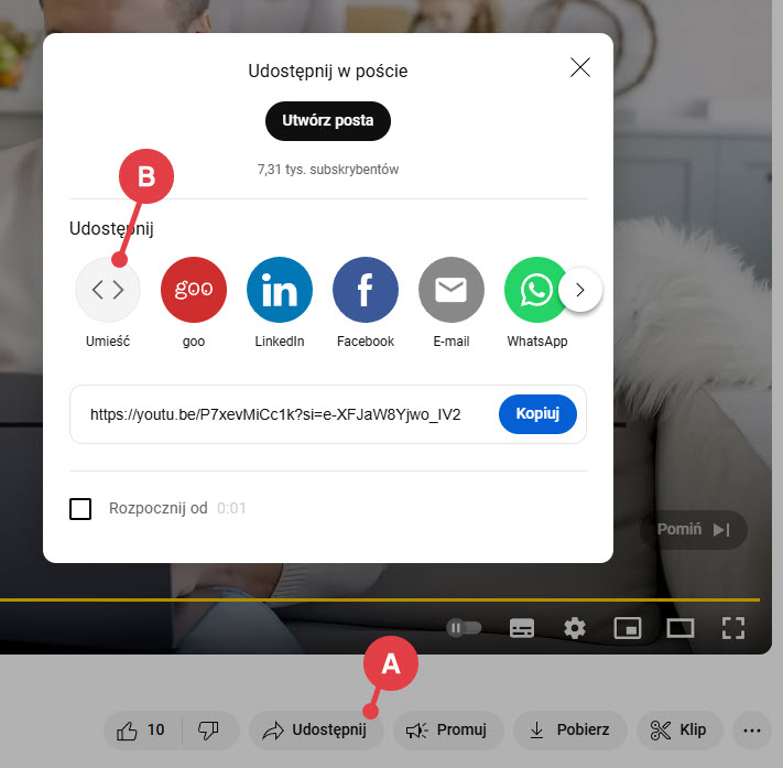 Opcje udostępniania wideo z YouTube, wybierz: Umieść, aby wyświetlić kod filmu do wstawienia