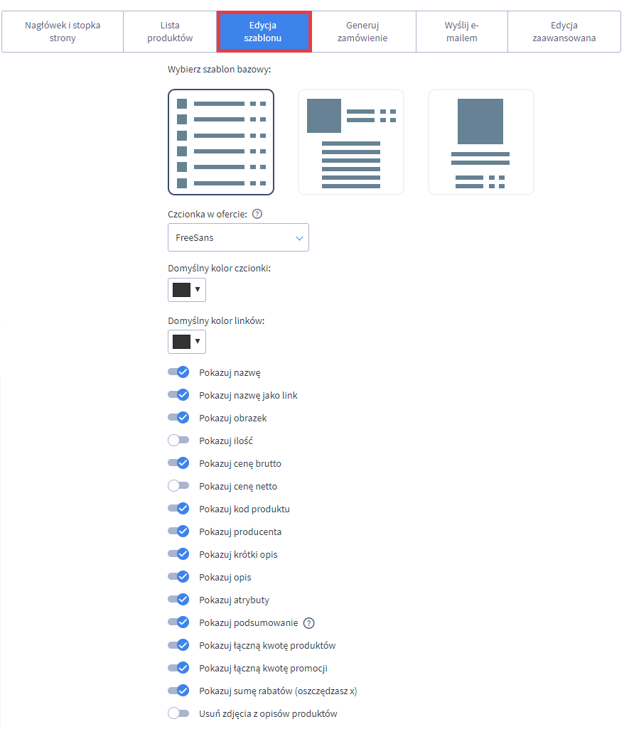 Edytuj wygląd szablonu w wygenerowanej ofercie dla klientów sklepu Panel administracyjny sklepu > Dodatki i integracje > Moje aplikacje > Kreator Ofert PDF Max > Nowa oferta > Edycja szablonu
