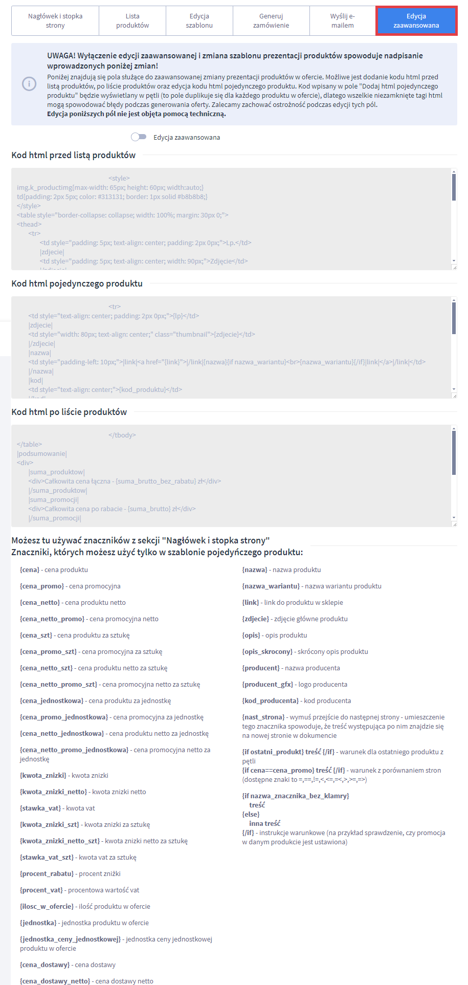 Włącz edycję zaawansowaną, by zmienić szablon prezentacji produktów Panel administracyjny sklepu > Dodatki i integracje > Moje aplikacje > Kreator Ofert PDF Max > Nowa oferta > Edycja zaawansowana