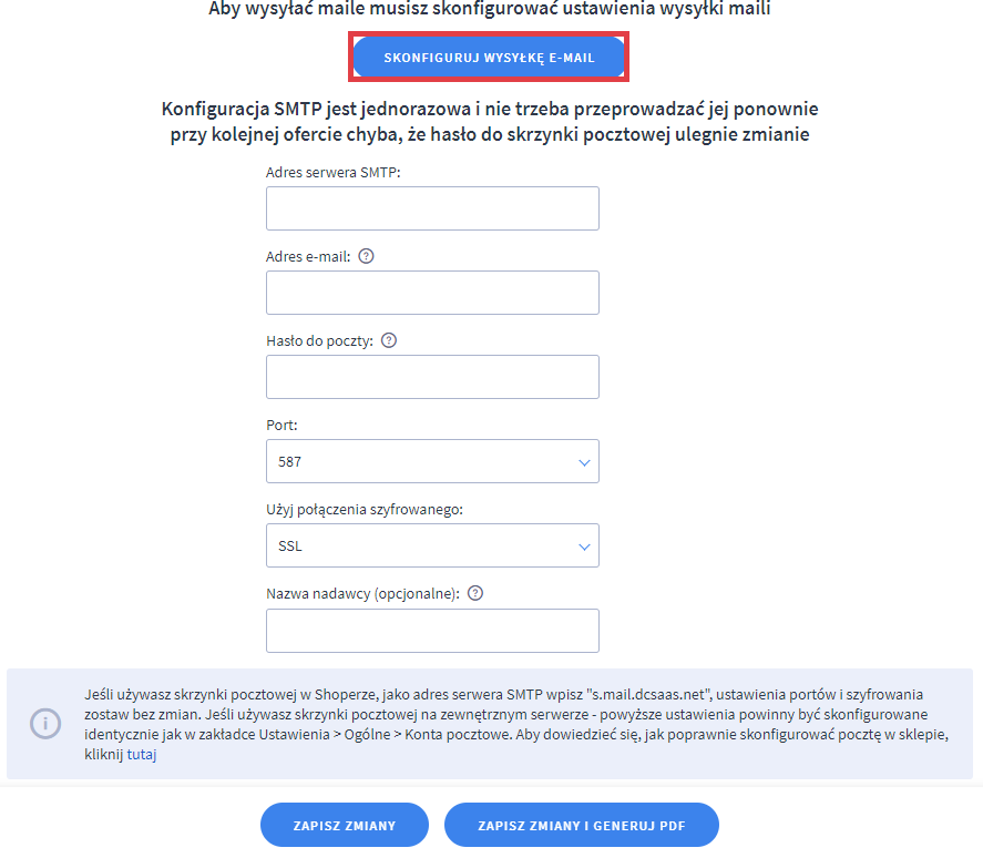 Przeprowadź konfigurację wysyłki maili w aplikacji Kreator Ofert PDF Max Panel administracyjny sklepu > Dodatki i integracje > Moje aplikacje > Kreator Ofert PDF Max > Nowa oferta > Wyślij e-mailem > Konfiguracja SMTP
