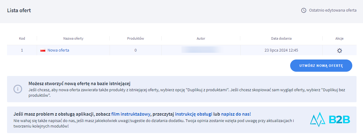 Po zapisaniu zmian możesz podejrzeć ofertę na liście Panel administracyjny sklepu > Dodatki i integracje > Moje aplikacje > Kreator Ofert PDF Max > Lista ofert