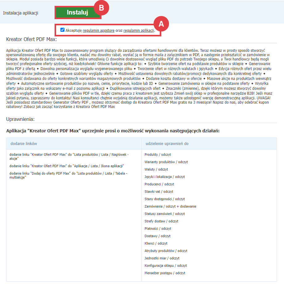 Zapoznaj się z możliwościami aplikacji Kreator Ofert PDF Max i zainstaluj ją na platformie Shoper Panel administracyjny sklepu > Dodatki i integracje > Aplikacje > Kreator Ofert PDF Max > Instalacja