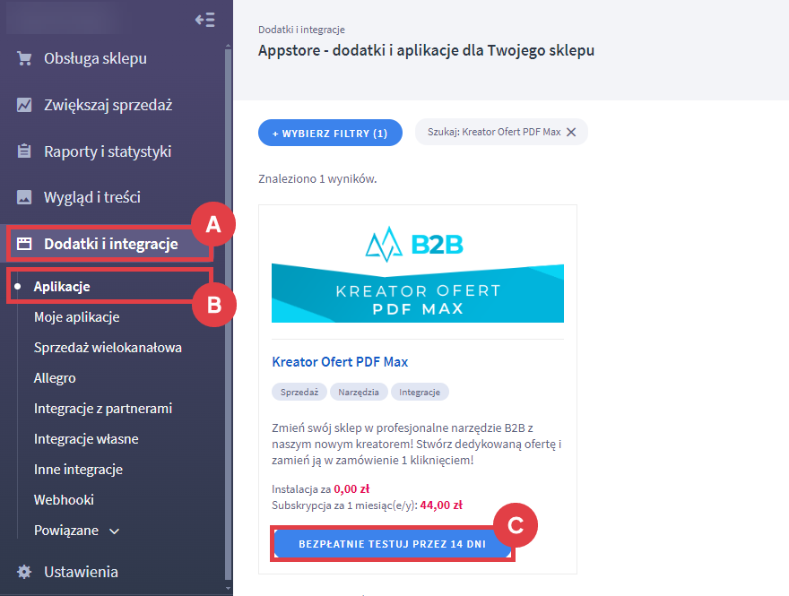 Bezpłatnie testuj aplikację Kreator Ofert PDF Max przez 14 dni w sklepie Shoper Panel administracyjny sklepu > Dodatki i integracje > Aplikacje > Kreator Ofert PDF Max