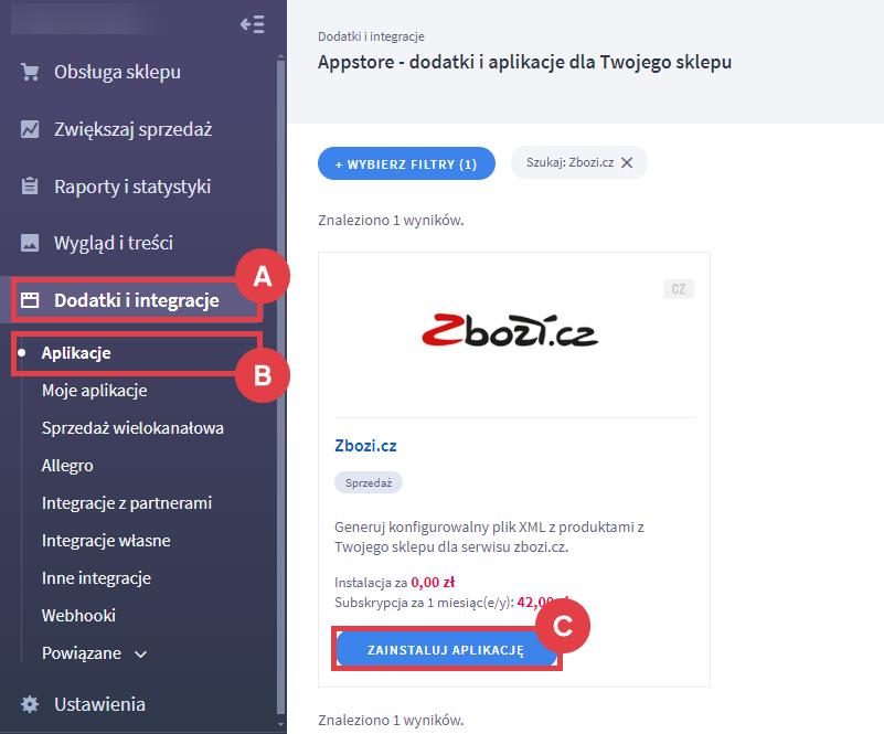Zainstaluj aplikację do generowania pliku XML z produktami dla serwisu Zbozi.cz Panel administracyjny sklepu > Dodatki i integracje > Aplikacje > Zbozi.cz