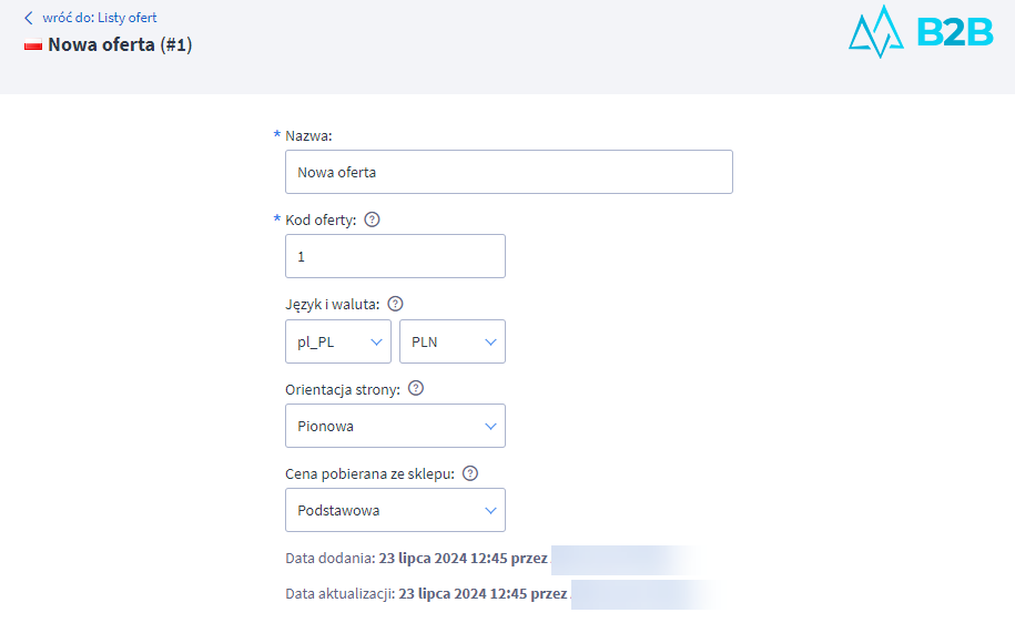 Utwórz nową ofertę w aplikacji Kreator Ofert PDF Max Panel administracyjny sklepu > Dodatki i integracje > Moje aplikacje > Kreator Ofert PDF Max > Nowa oferta
