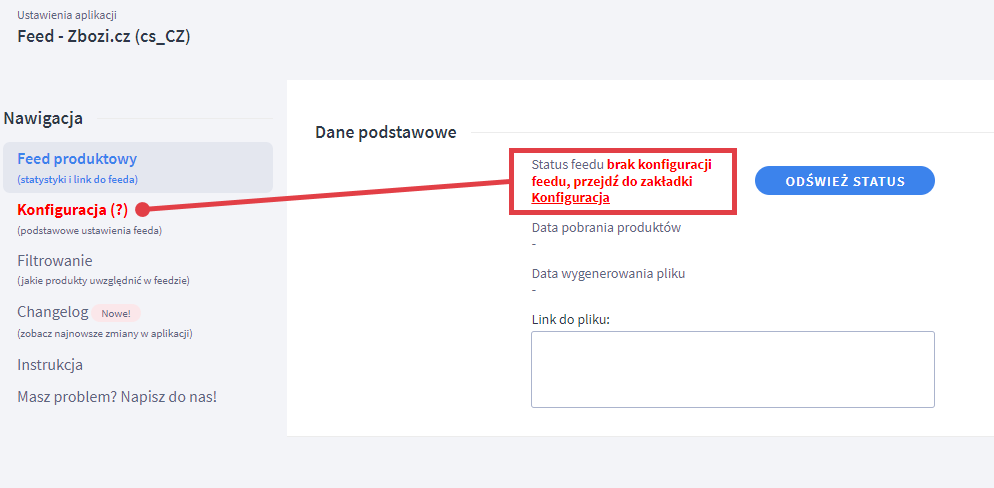 Komunikat o braku konfiguracji feedu produktowego dla Zbozi.cz Panel administracyjny sklepu > Dodatki i integracje > Moje aplikacje > Zbozi.cz > Feed produktowy