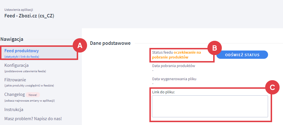Po skonfigurowaniu feeda możesz sprawdzić jego status Panel administracyjny sklepu > Dodatki i integracje > Moje aplikacje > Zbozi.cz > Feed produktowy > Status