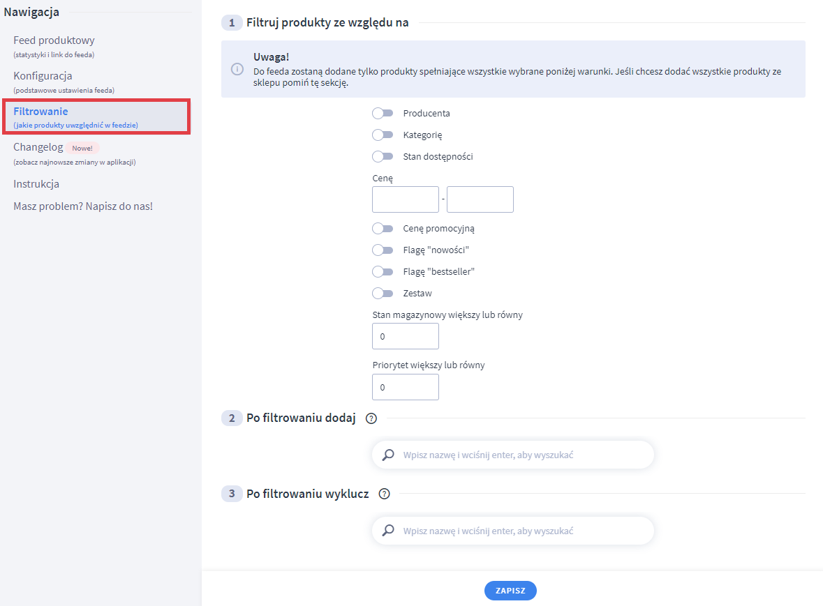 Zdefiniuj, jakie produkty uwzględnić w konfigurowalnym pliku XML Panel administracyjny sklepu > Dodatki i integracje > Moje aplikacje > Zbozi.cz > Filtrowanie