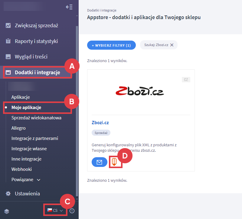 Zmień język sklepu i uruchom aplikację Zbozi.cz po instalacji Panel administracyjny sklepu > Dodatki i integracje > Moje aplikacje > Zbozi.cz