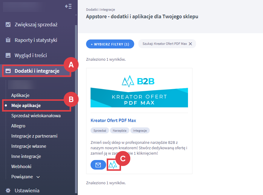 Przejdź do kreatora i stwórz dedykowaną ofertę dla klientów sklepu Panel administracyjny sklepu > Dodatki i integracje > Moje aplikacje > Kreator Ofert PDF Max