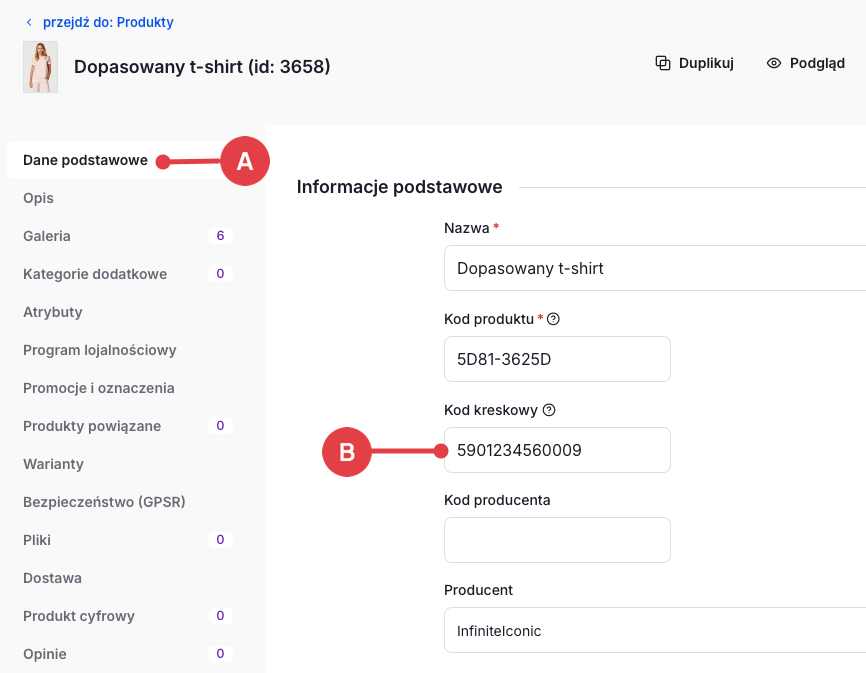 Panel administracyjny sklepu > Obsługa sklepu > Produkty > Edycja produktu > Dane podstawowe > Kod kreskowy