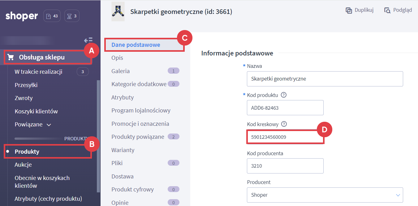 Podczas edycji produktu w polu kod kreskowy możesz sprawdzić czy numer GTIN został uzupełniony Panel administracyjny sklepu > Obsługa sklepu > Produkty > Edycja produktu > Dane podstawowe > Kod kreskowy