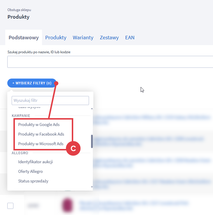 Zobacz które produkty ze sklepu biorą udział w kampaniach reklamowych Weryfikacja aktywnych produktów w kampaniach Google, Facebook oraz Microsoft