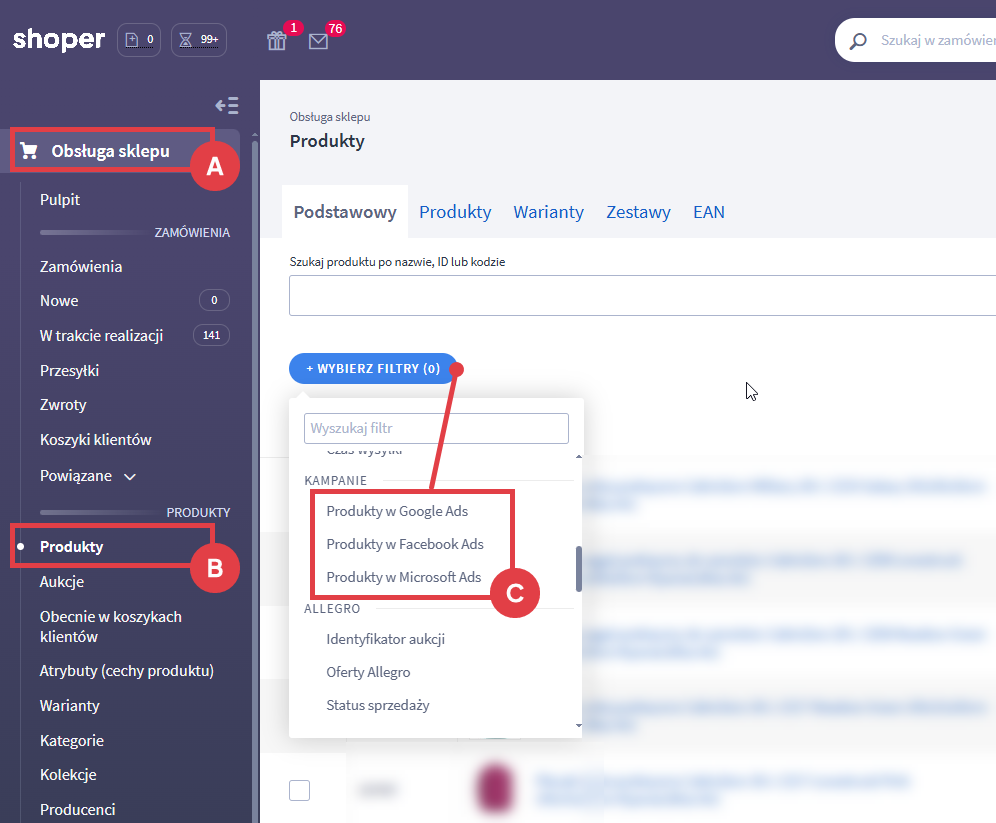 Zobacz które produkty ze sklepu biorą udział w kampaniach reklamowych Weryfikacja aktywnych produktów w kampaniach Google, Facebook oraz Microsoft