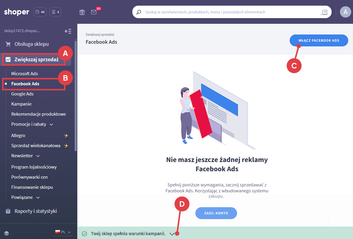 Panel administracyjny sklepu > Zwiększaj sprzedaż > Facebook Ads 