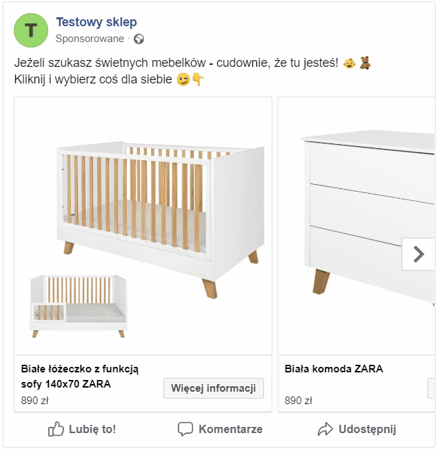 Przykład reklamy Facebook Ads w ramach remarketingu dynamicznego Przykładowa reklama w ramach remarketingu dynamicznego w Facebook Ads