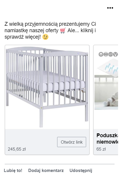 Przykładowa reklama na Facebook ze zdjęciem produktu z białym tłem Przykład użycia zdjęć na białym tle na Facebooku