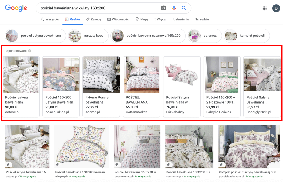 Przykładowa reklama produktu w wyszukiwarce grafiki Google