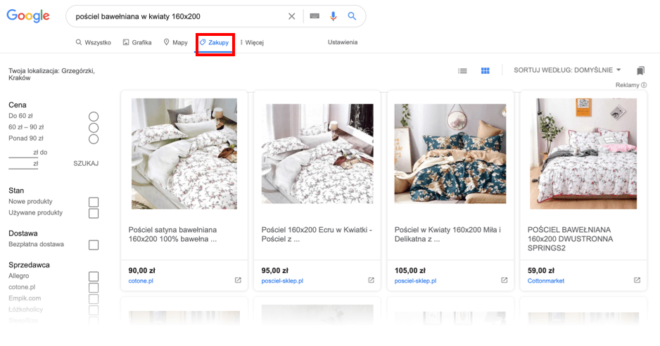 Przykładowa reklama produktu w wyszukiwarce Google w zakładce Zakupy