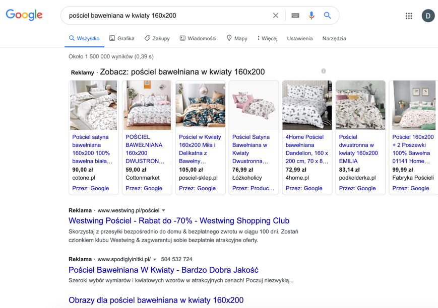 Przykładowa reklama produktowa w wyszukiwarce Google