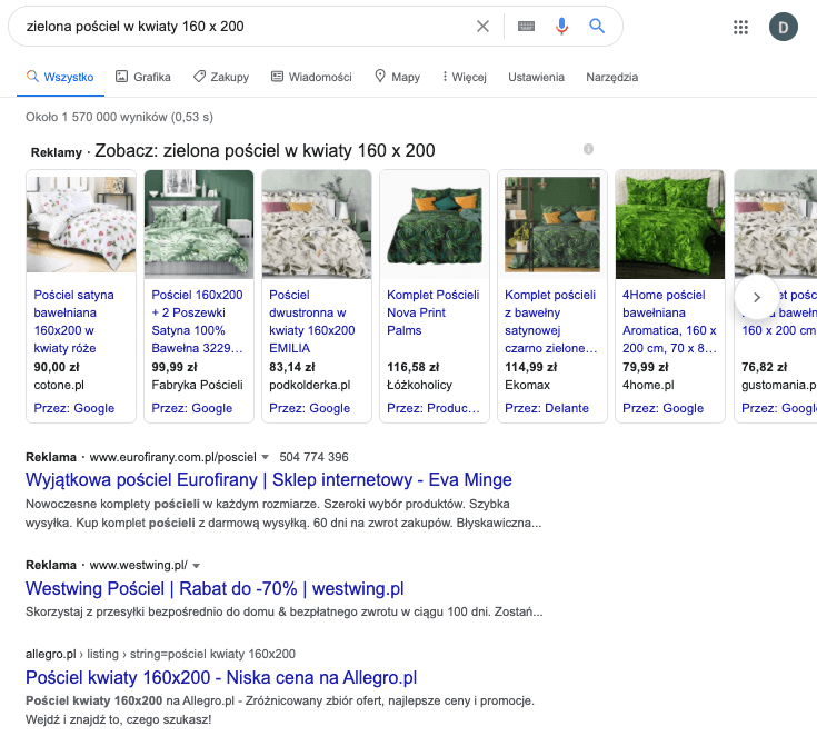 Przykład reklamy produktowej wyświetlanej na stronach wyszukiwarki Google Przykładowa reklama produktowa w wyszukiwarce Google